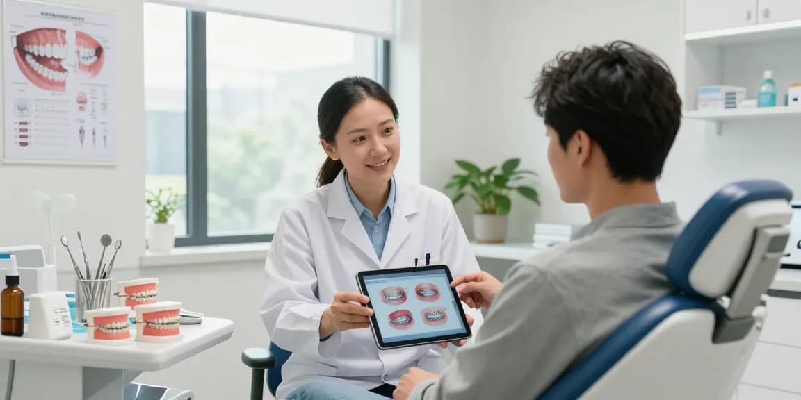 Adult consultation about metal braces in a modern orthodontic clinic, showcasing a professional atmosphere.