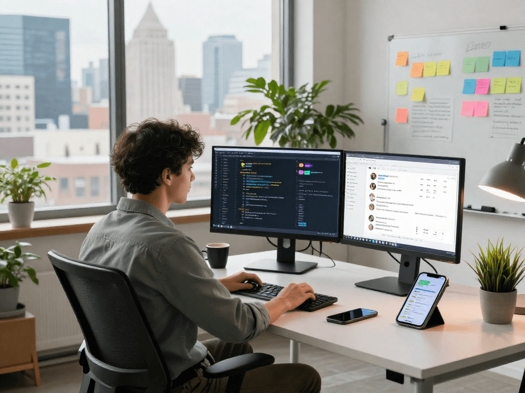 Developer designing a nsfw chat bot in a modern workspace with innovative tools and analytics.