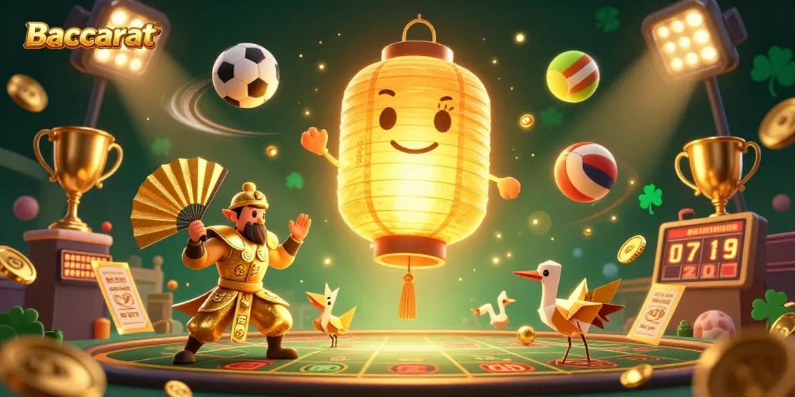 Baccarat game scene featuring a golden lantern spirit, paper fan warriors, and casino elements for engaging gameplay.
