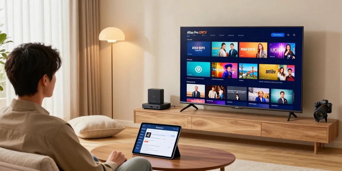Person using the Atlas Pro application in a modern living room with Smart TV and streaming device.