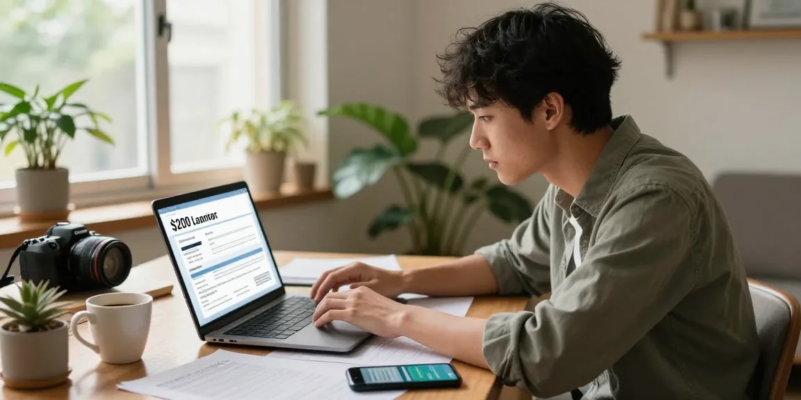 Focused individual applying to get $200 loan online at home, with documents and coffee around.