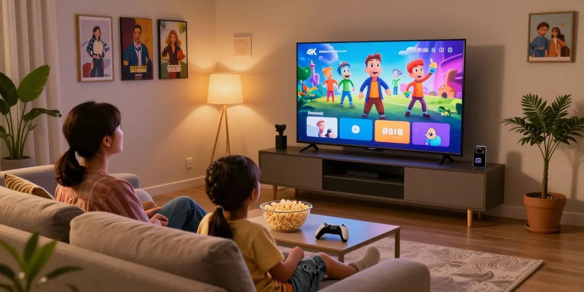 Famille profitant de l'expérience de streaming avec Iron tv pro sur Smart TV en 4K.