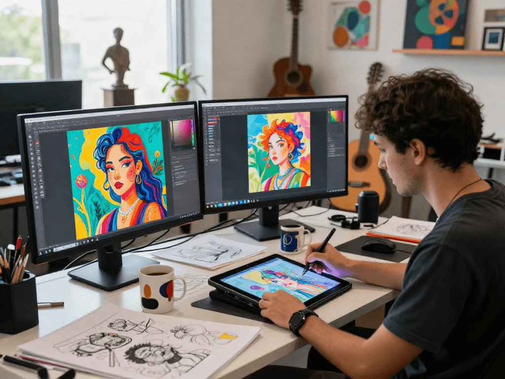 AI artist creating innovative NSFW AI artwork in a vibrant studio.