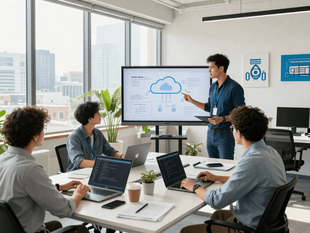Hosting Mexico team collaborating on cloud project in modern office.