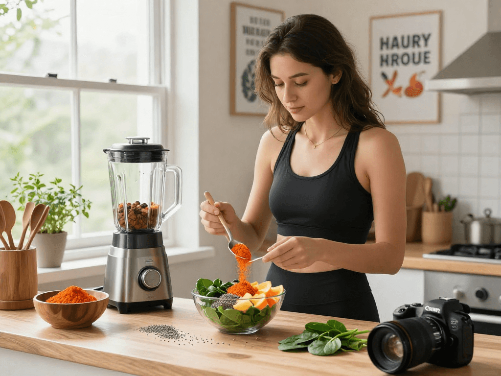 Preparing a vibrant smoothie bowl with premium astaxanthin powder showcasing healthy ingredients in a bright kitchen.