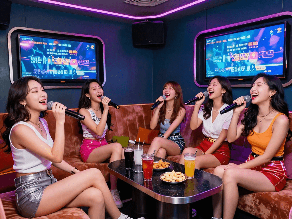 강남 디저트에서 즐기는 친구들과의 노래방 파티, 음료와 스낵이 있는 화려한 조명 아래에서