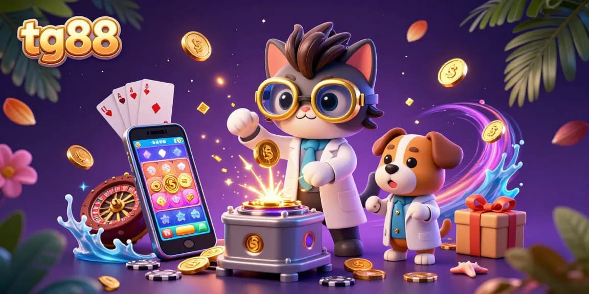 Engage with tg88: A cartoon scientist cat and dog create a gold-coin machine amidst vibrant casino elements.