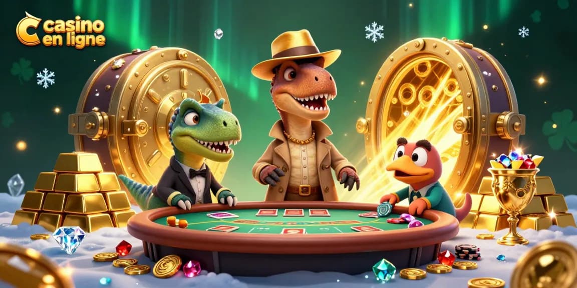 Jouez sur un casino en ligne avec un vélociraptor en train de compter les cartes au blackjack, entouré de trésors scintillants.