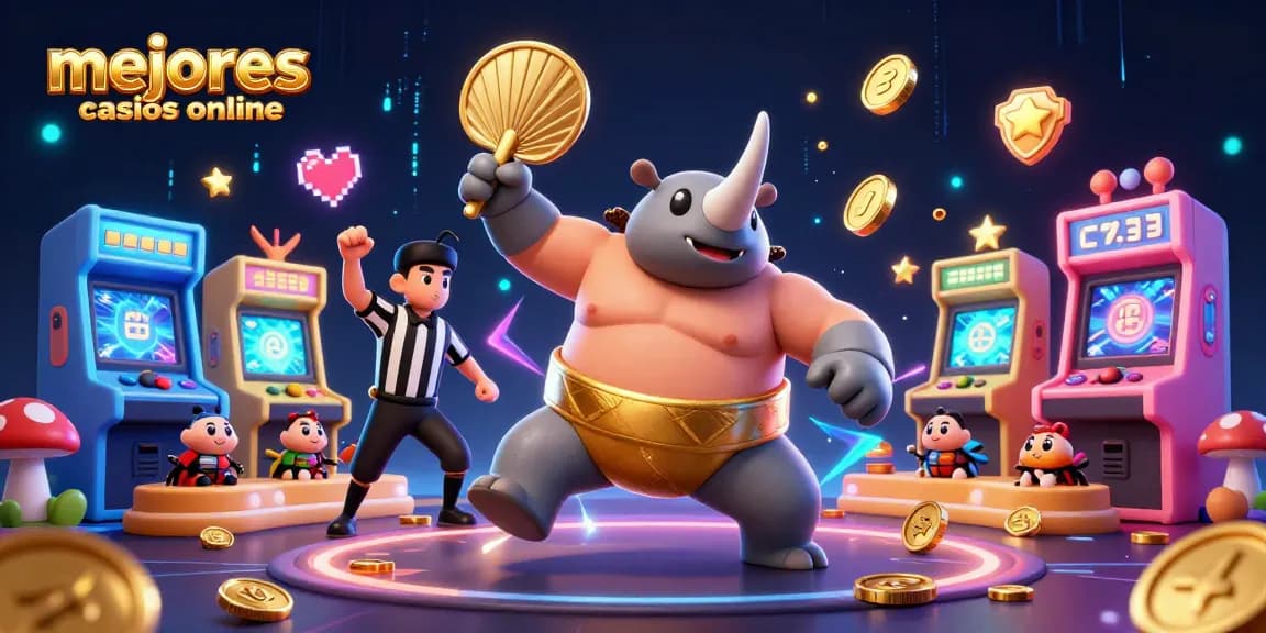 Imagen de los mejores casinos online, donde un escarabajo rinoceronte campeón muestra su poder en un entorno de juego vibrante.