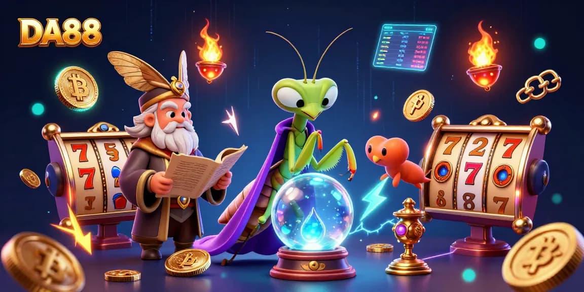 Spin the reels with DA88 at a vibrant online casino filled with mystical characters and crypto elements.