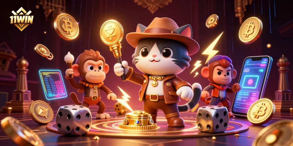 Experience winning moments with 11WIN in a vibrant 3D casino scene featuring treasures and digital assets.