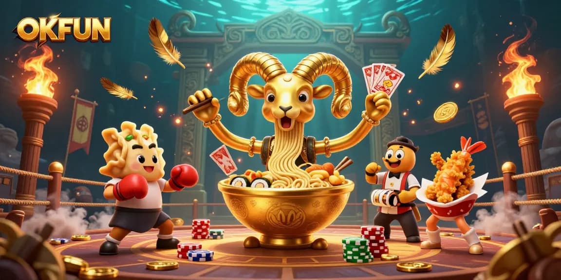 Engage in thrilling gambling action at OKFUN with a giant ramen bowl and fun casino characters.