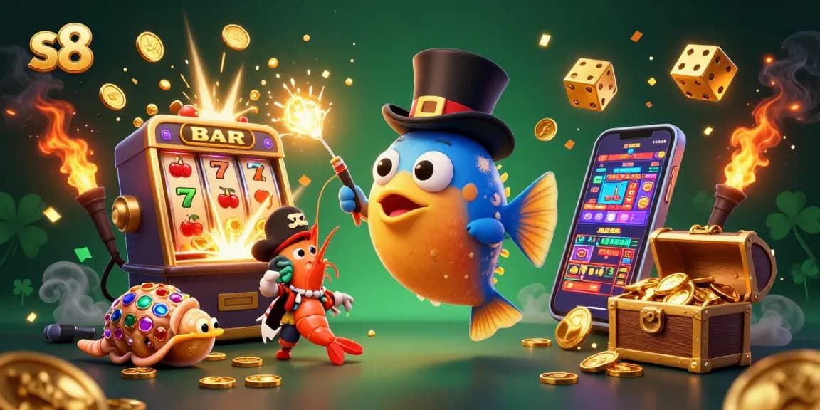S8 casino game experience featuring a glowing anglerfish and treasure-filled characters in an animated slot machine scene.