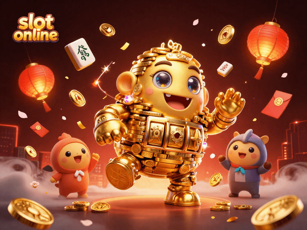Menghadirkan slot online dengan golem emas ceria yang memancarkan simbol mesin slot sambil berputar di tengah taman yang penuh lampion.