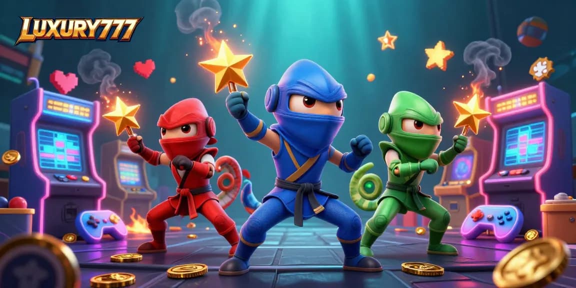 Menangkan hadiah seru bermain di LUXURY777 dengan ninja chameleon dan mesin arcade berwarna-warni.