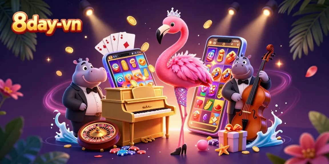 Join the excitement at 8day-vn with engaging slot games and vibrant casino characters.