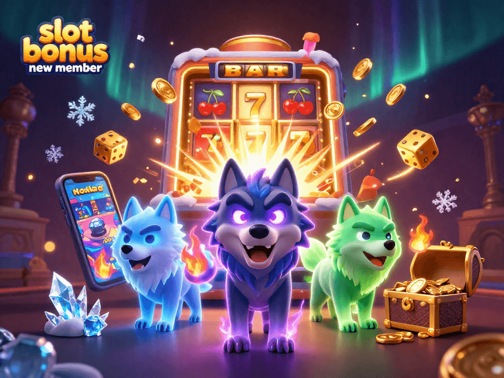 An engaging illustration showing a slot bonus new member theme with energetic characters and casino elements erupting winnings.