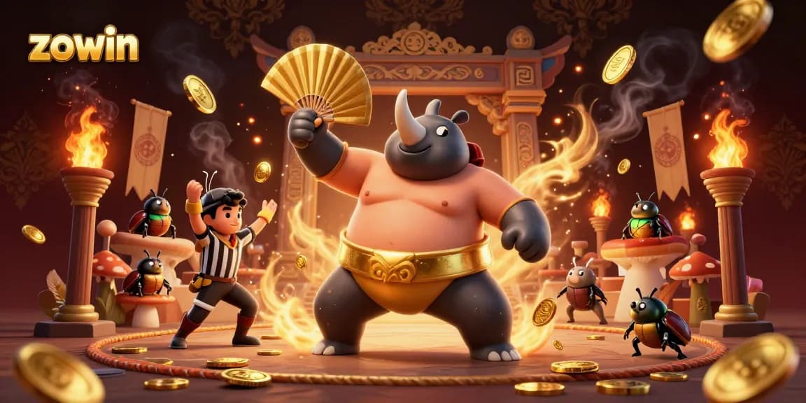 Zowin captivates with a dynamic casino illustration featuring a sumo champion beetle winning the crowd with golden coins.