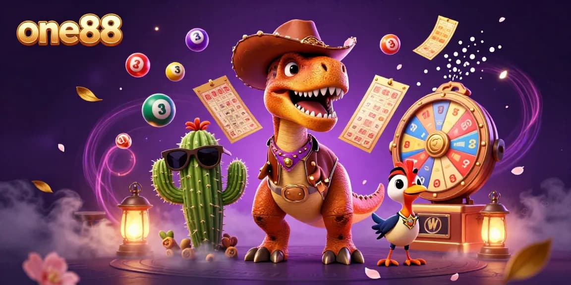 Join the excitement at one88 with a vibrant illustration of a cowboy T-Rex, bingo elements, and lottery fun!