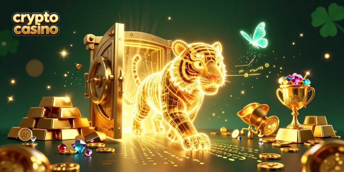 Gioca in un crypto casino con un tigre d'oro e gemme brillanti che illuminano l'ambiente.
