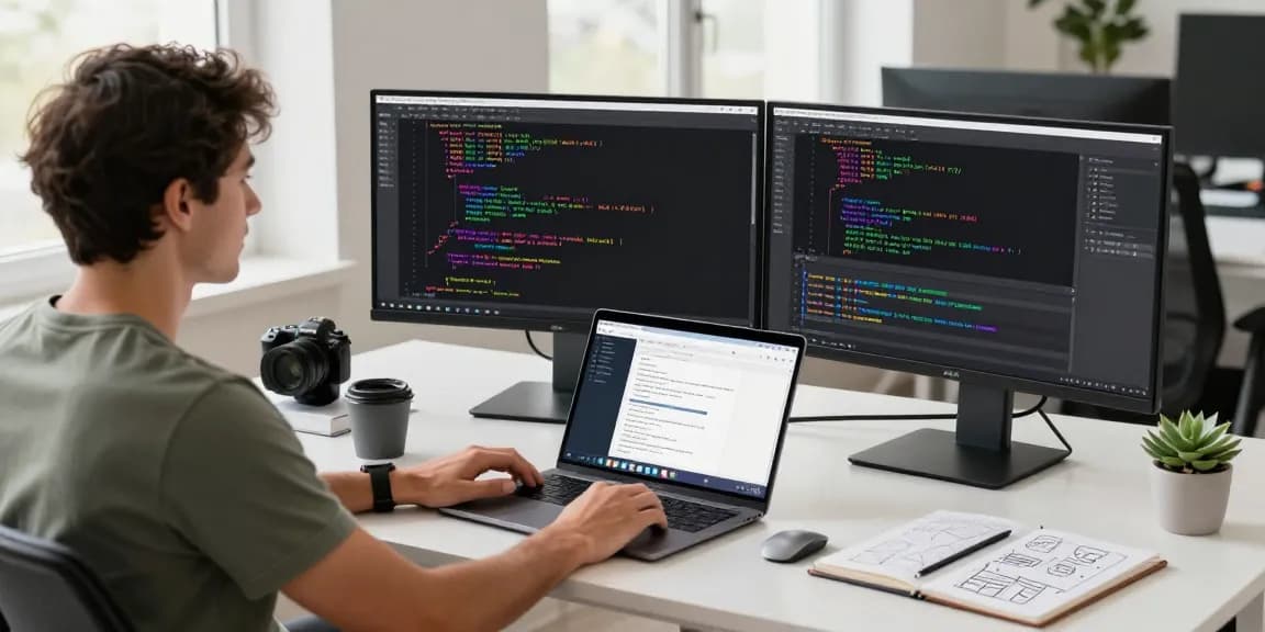 Gambar yang menunjukkan pengembang perangkat lunak bekerja di https://codestus.com/posts/huong-dan-su-dung-usecallback-trong-react dengan layar kode dan alat pengujian di ruang kerja modern.