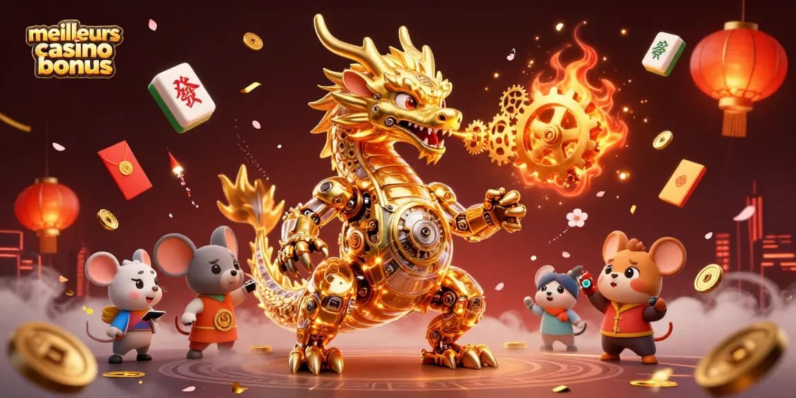 Meilleurs bonus de casino 2026 révélés avec un dragon doré mécanique et des éléments de jeu scintillants.