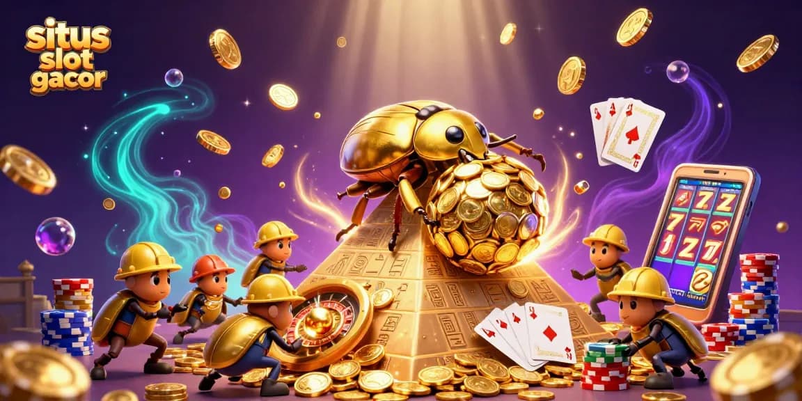 Experience the excitement of situs slot gacor with dynamic illustrations of golden beetles and casino elements.