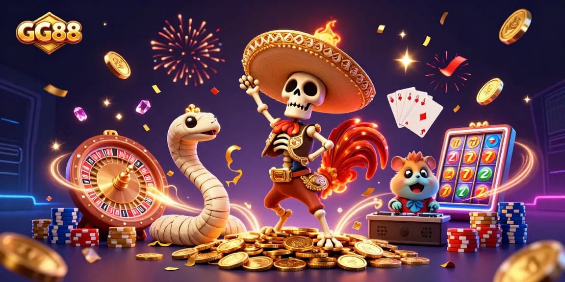 GG88 celebrates with a lively cartoon scene of a mariachi rooster, mummy snake, and DJ hamster.
