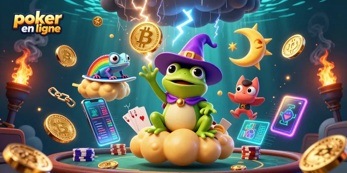 Jouez au poker en ligne avec des jetons sur une table animée entourée de pièces d'or et d'effets lumineux.