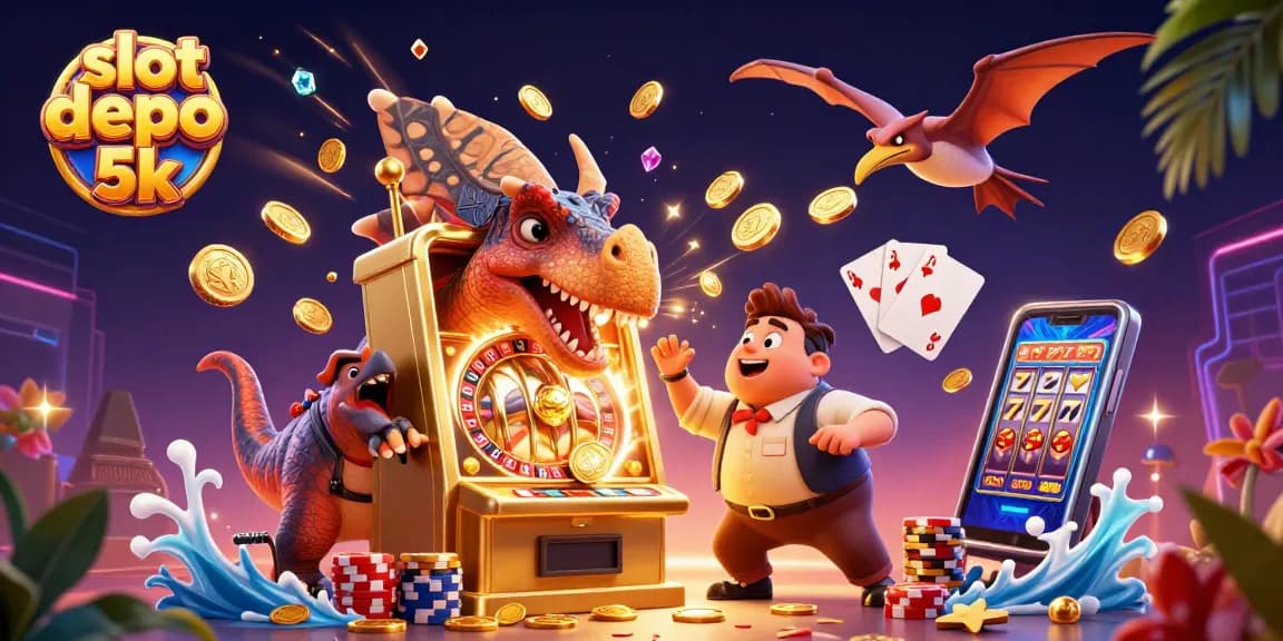 Engage with slot depo 5k as a pachycephalosaurus wins a jackpot, amid vibrant casino elements.
