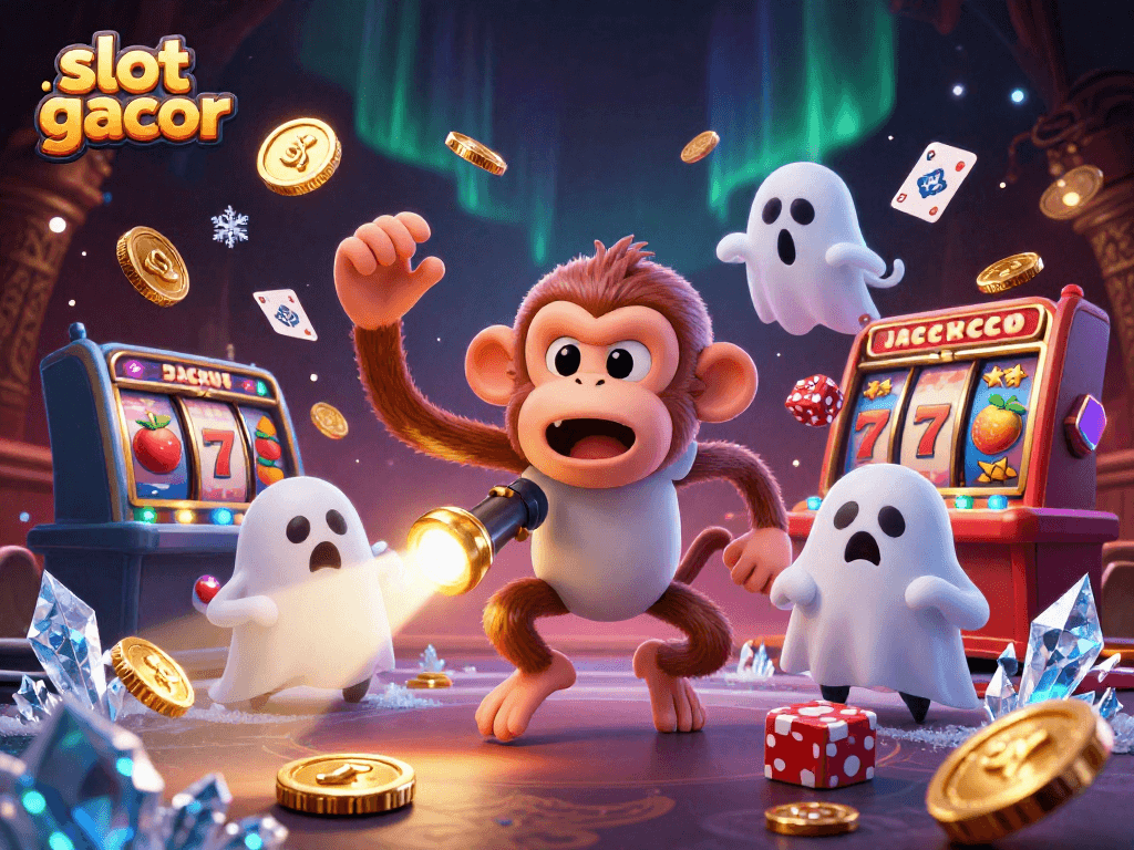 Catch the thrilling moments of slot gacor as a poltergeist juggles coins in a vibrant casino atmosphere.