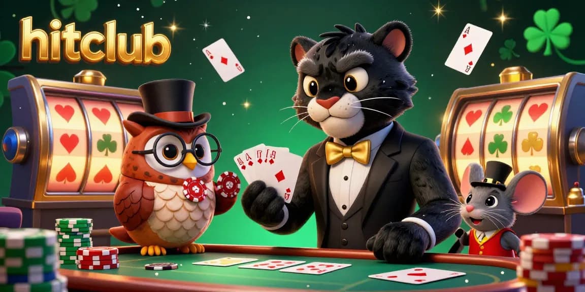 Hitclub showcases a stylish black panther dealing cards with casino excitement amidst glowing jackpots and vibrant characters.