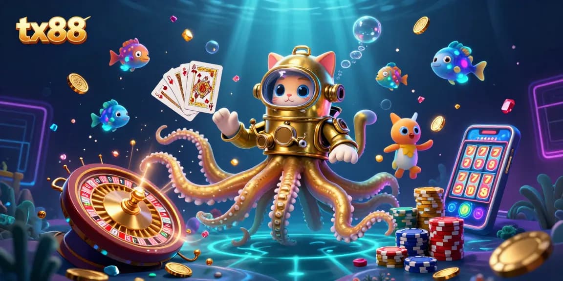 Experience thrilling gaming action at tx88 with a colossal kraken, diving cat, and sparkling casino elements.