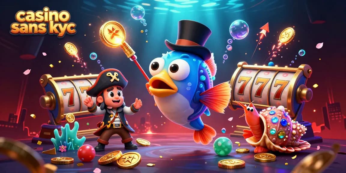 Jouer au casino sans KYC avec des personnages de poissons et des éléments de jeu animés.