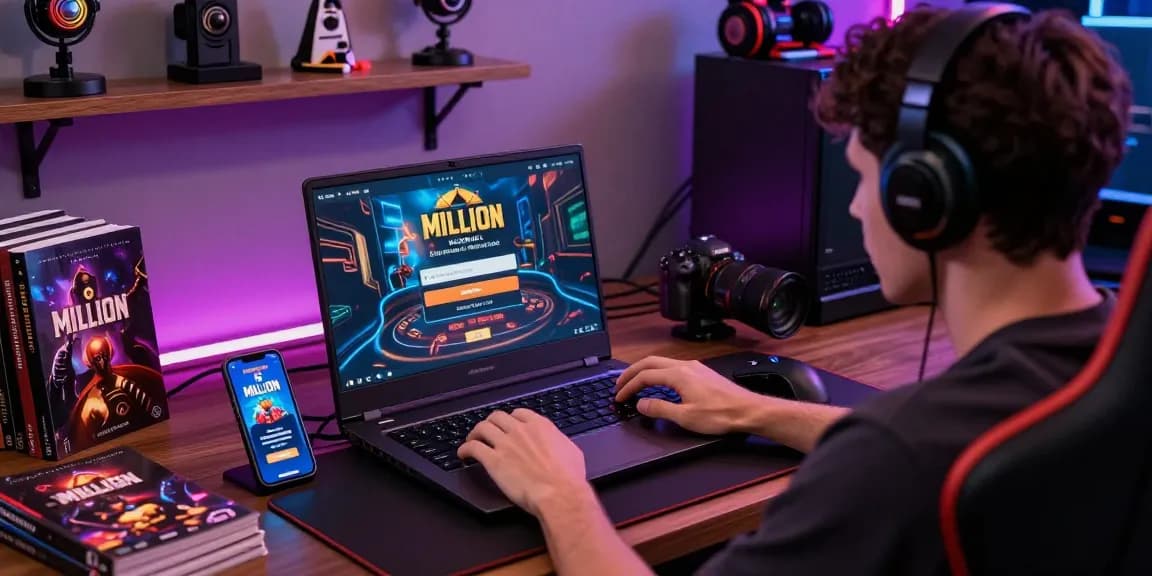 Player using million casino login on laptop in vibrant gaming setup