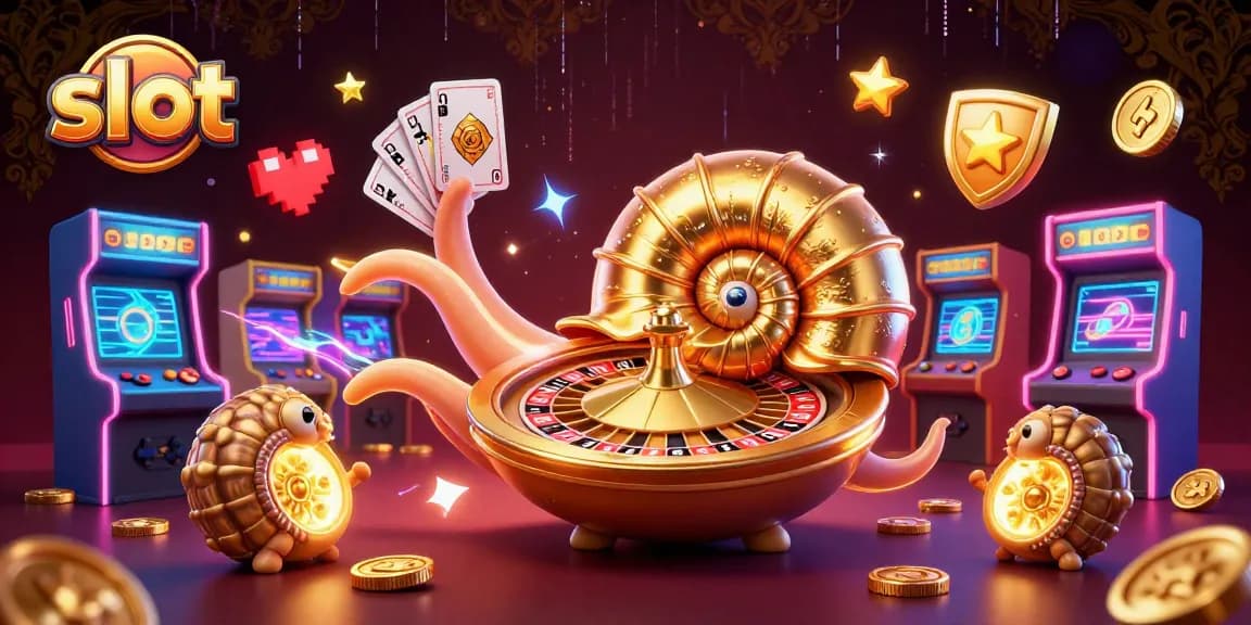 Spin the slot games with a giant nautilus and glowing fossils in a vibrant casino scene.