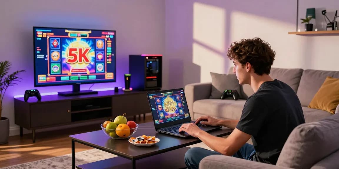 Excited player engaging in slot depo 5k gaming from home, colorful interface glowing with excitement.