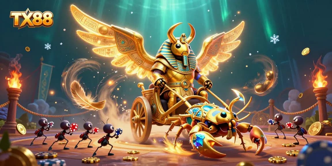 Experience the excitement of TX88 with a vibrant 3D casino atmosphere featuring characters and elements from gaming.