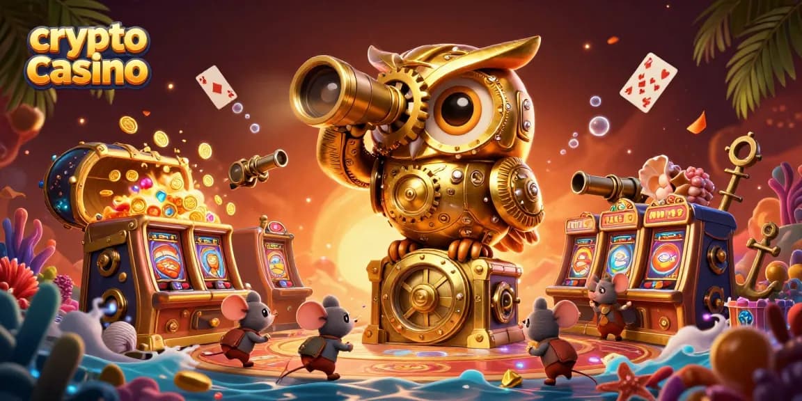Scopri il mondo dei crypto casino con una strepitosa illustrazione 3D animata di una civetta d'oro che scruta un piano di gioco vibrante.