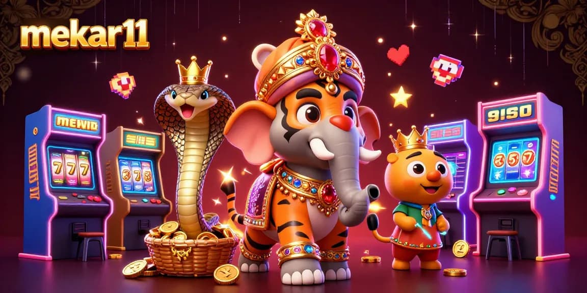 Mekar11 brings fortune with a vibrant 3D scene of an elephant, tiger, and cobra amidst exciting slots.