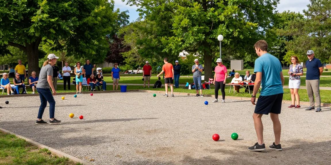 Permainan petanque di taman komunitas dengan fopikotabanjarba.org serta suasana ceria dan interaksi sosial.