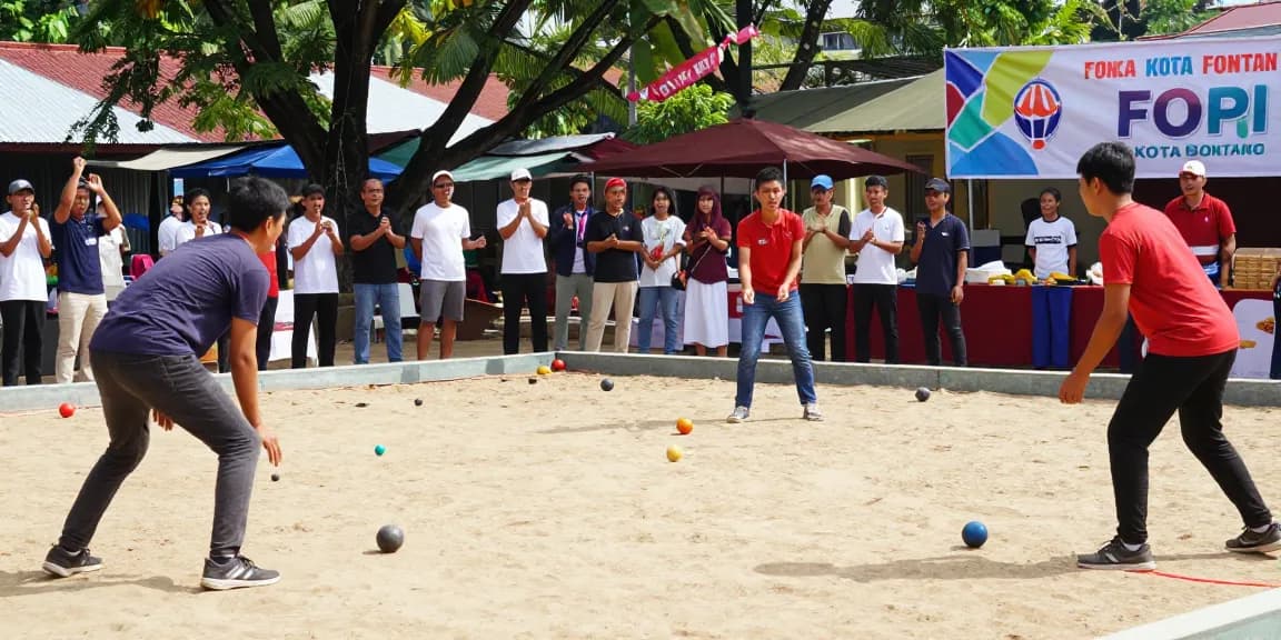 Aktivitas olahraga petanque di fopikotabontang.org dengan pemain bersaing di Bontang, suasana meriah di lapangan.