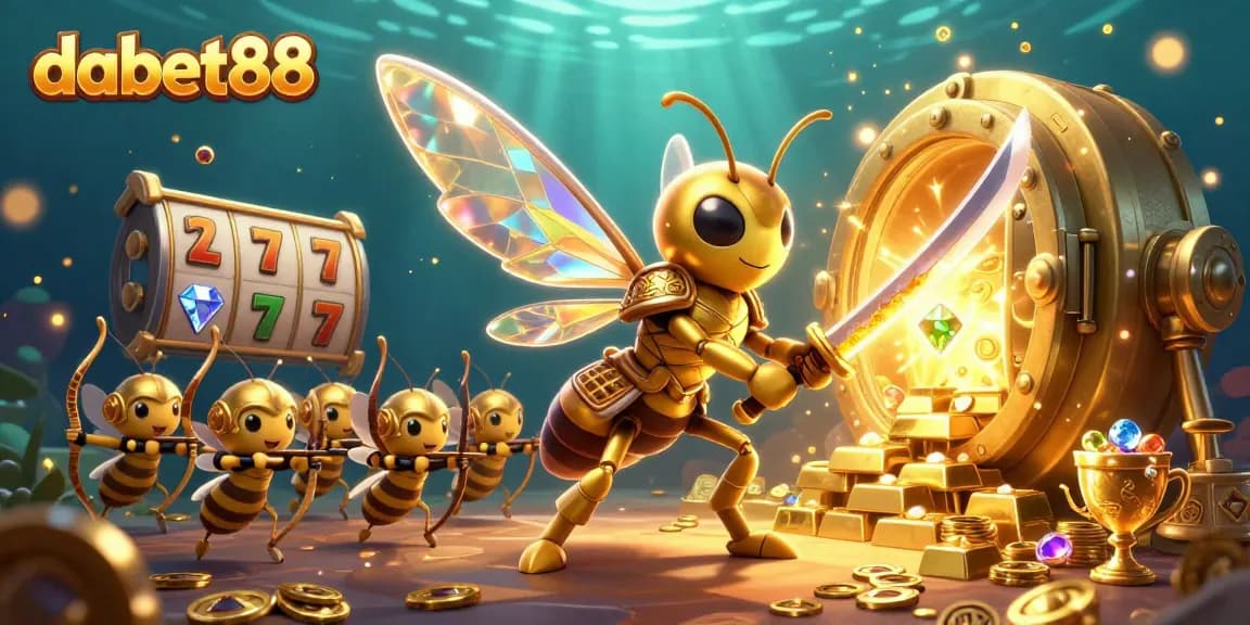 dabet88 showcases an epic casino adventure with a golden hornet and treasure elements.