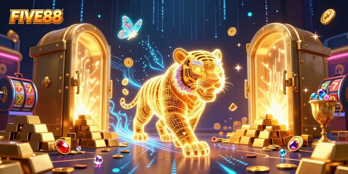 Experience dazzling wins at FIVE88 with a neon tiger in a vibrant casino landscape.