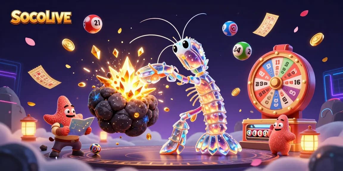 SOCOLIVE showcases an epic battle scene with colorful lottery elements and dynamic energy, perfect for gamblers.