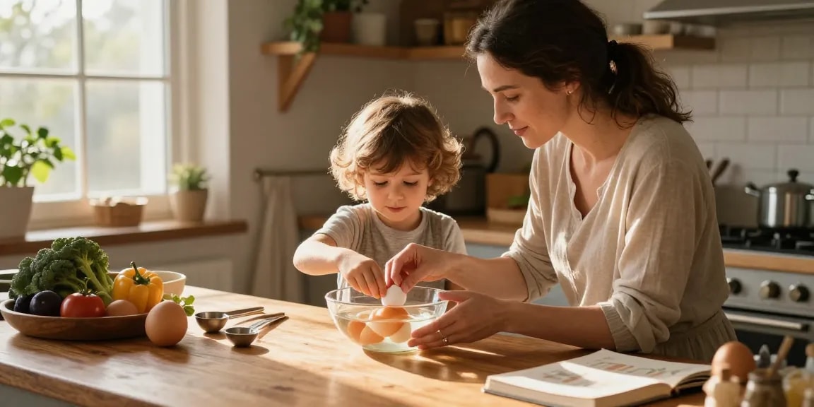 Metode Egg Float Test untuk mengecek kesegaran telur di dapur, https://www.eggfloattest.com/contact, ibu mengajarkan anaknya cara memeriksa kesegaran telur.
