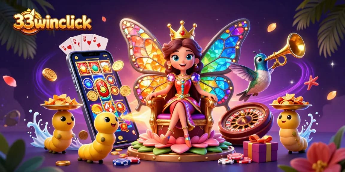 Experience the thrill of winning at 33winclick with vibrant casino-themed illustration featuring slot games.