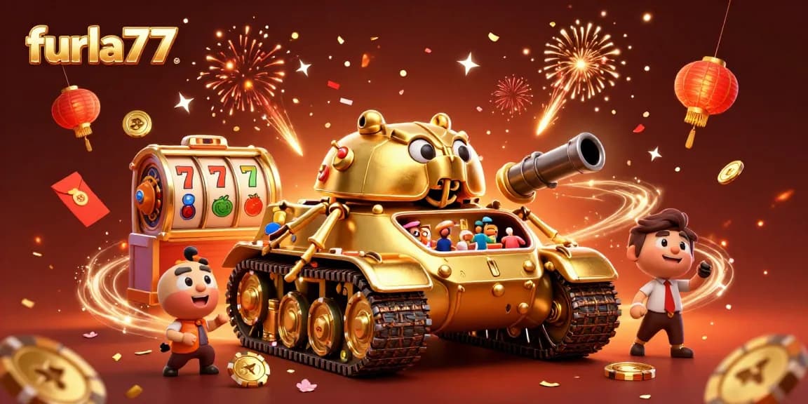 Experience the thrill of furla77 slot games with a vibrant 3D casino illustration on a golden beetle tank.