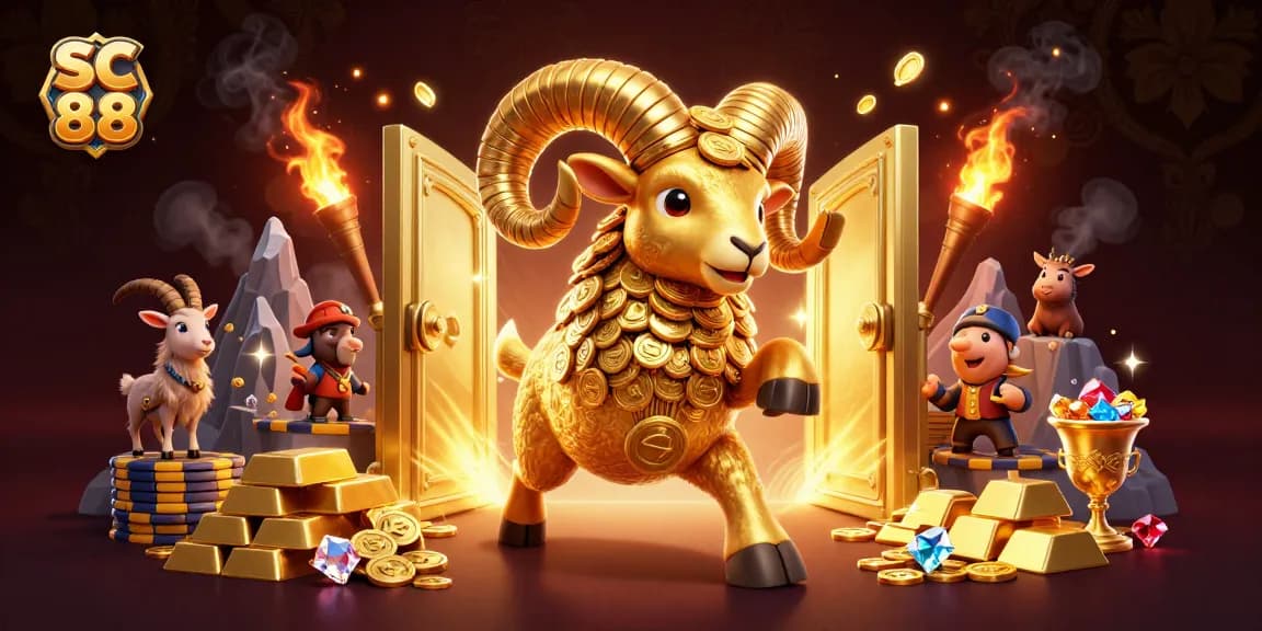 Experience the thrill of SC 88 gambling with the golden ram charging through a treasure vault.
