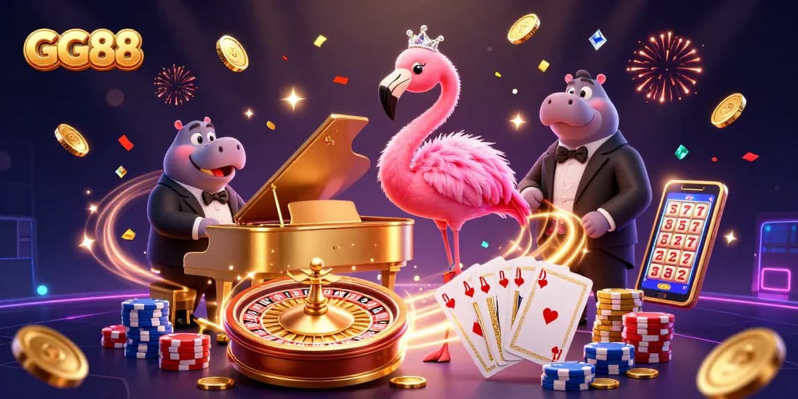 Experience GG88's vibrant casino atmosphere with a flamingo singer and hippo bassist surrounded by dynamic gaming elements.